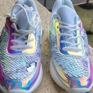 Iridescent Mermaid White Sequinned And Textured Sneakers By Forever, Size 7